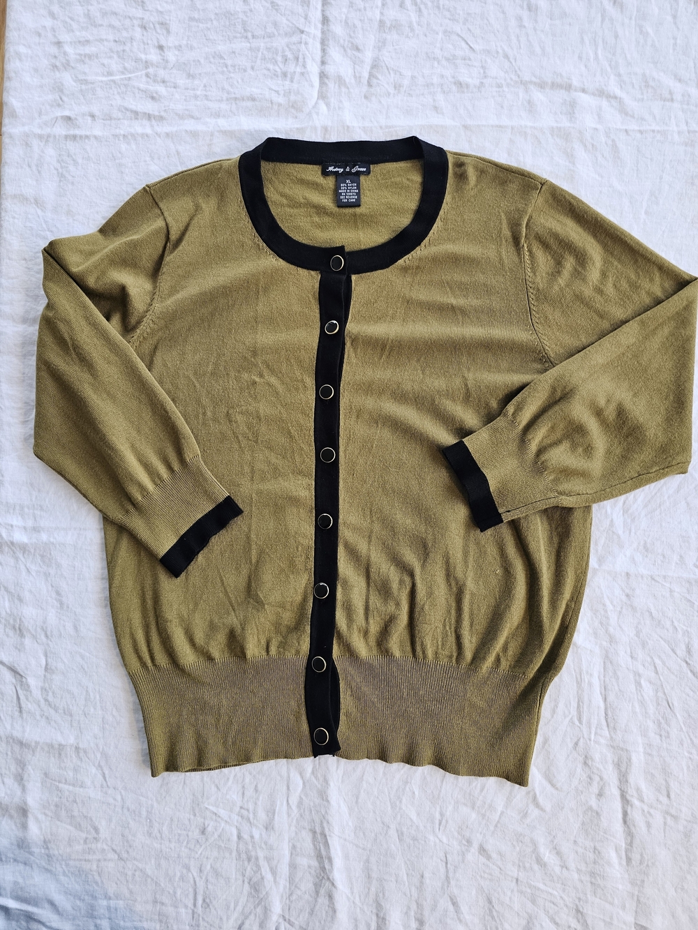 Audrey & Grace Olive Green Cardigan with Black Trim